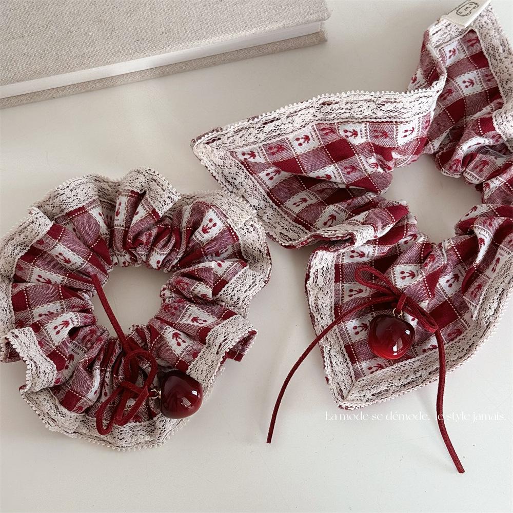 

Cherry Windmill Korean-Style Hair Tie and Scarf Set - Spring 2025 Red Plaid Design.
