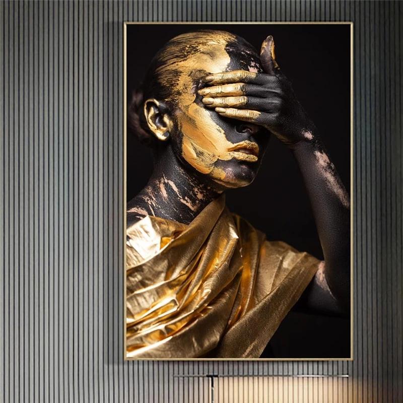 African Golden Beauty Girls Canvas Painting Black Girls Make Up Posters and Prints Wall Art Picture for Living Room Decoration