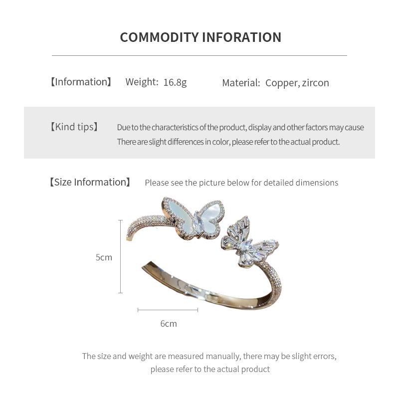 Zircon Mother-of-Pearl Butterfly Open Bangle - Elegant, Fashionable, High-End Women's Jewelry.
