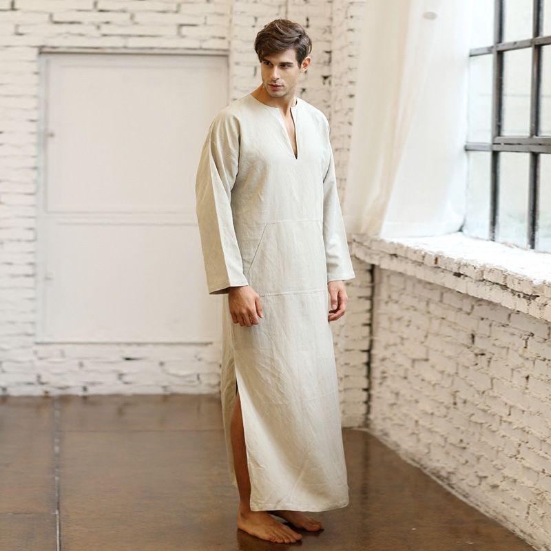

Summer Thin Cotton Linen Retro Men Loose plus Size Robe Beige 2XL 180cm to heel 100.00 kg-120.00 kg