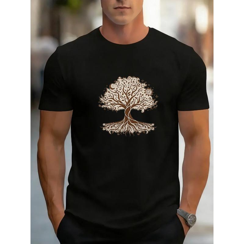 Tamanhos Europeus Estampa Padrão Árvore da Vida, Camiseta Redonda com Estampa de Padrão, Roupas de Moda Masculina, Top de Manga Curta com Gola Redonda