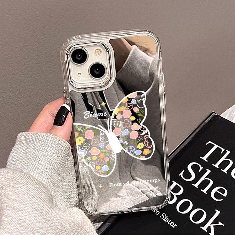 Flower Butterfly Mirror for iPhone17promax Mobile Phone Case 15/14 Apple 16 Electroplating Button 13