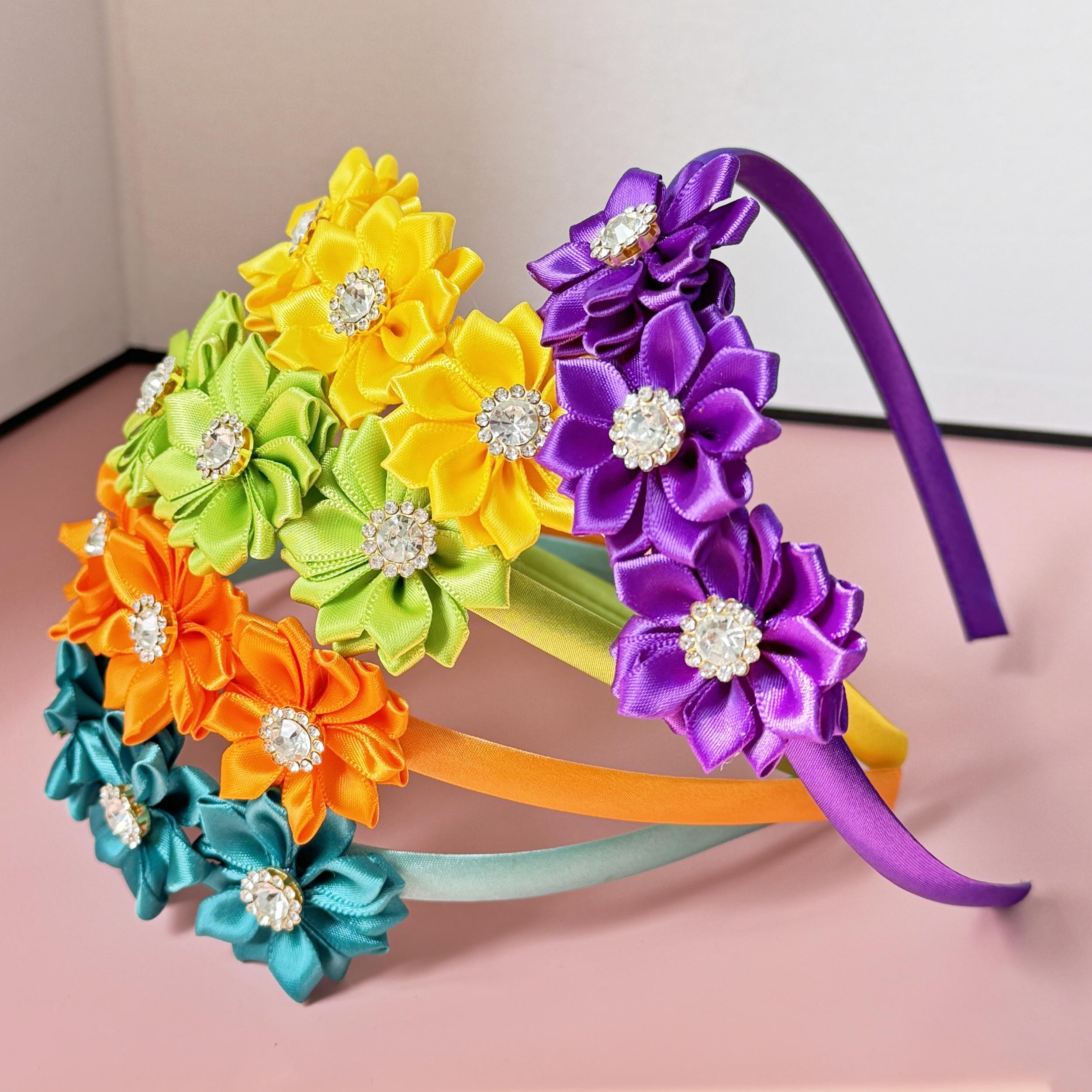

5 шт. Хрустальные повязки на голову с цветком для девочек, Сатиновые повязки для волос, Цветочная повязка на голову, Детские модные аксессуары для волос для вечеринок