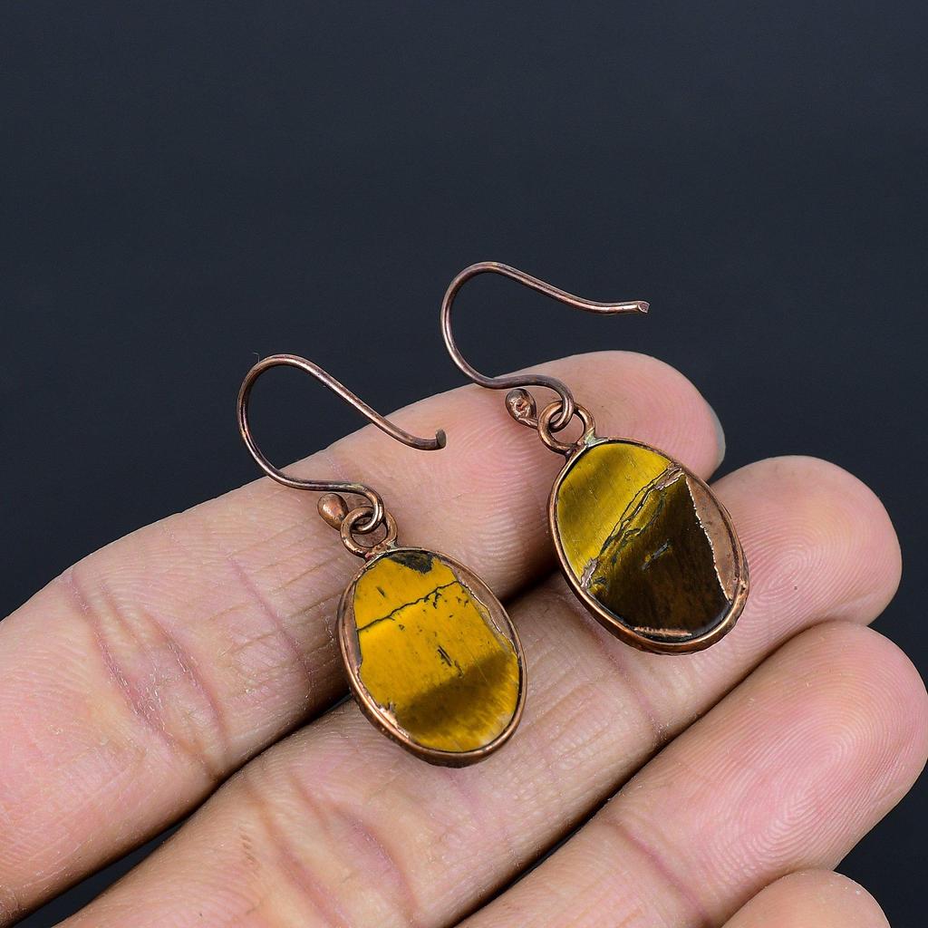 Tiger's Eye Copper Electroformed Earrings, Handmade Gemstone Earrings, Gift For Mom Antique Jewelry