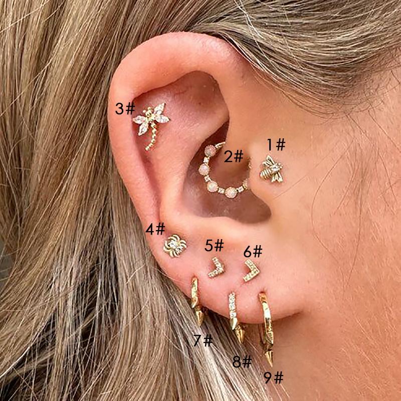 

1PC Vintage Y2K Mini Simple Bees Earring For Women Helix Cubic Zircon Gold Color Exquisite Insect Flat V Shaped Stud Earring 9-1pc&Earrings&Ears