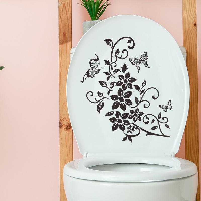 Künstlerischer schwarzer Blumenranken mit Schmetterling Toilettensitz-Aufkleber Badezimmer Heimdekoration Selbstklebend Abnehmbare Aufkleber
