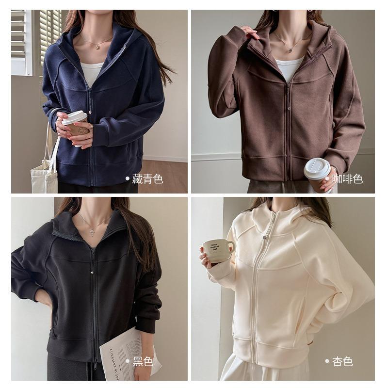Autumn and winter thickened hooded sweater jacket women's loose and thin zipper cardigan solid color casual top
