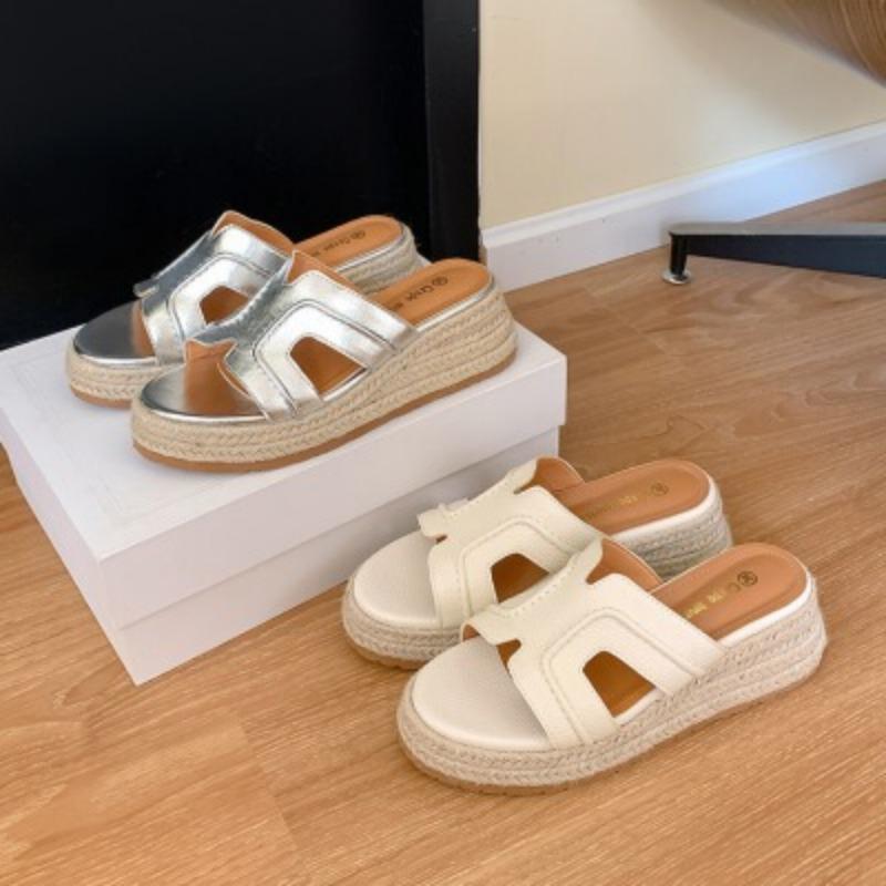 Summer New Height Increase of 6cm~ Literary and Retro One-word Hemp Rope Woven Slope Heel Thick-bottomed Beach Slippers Women