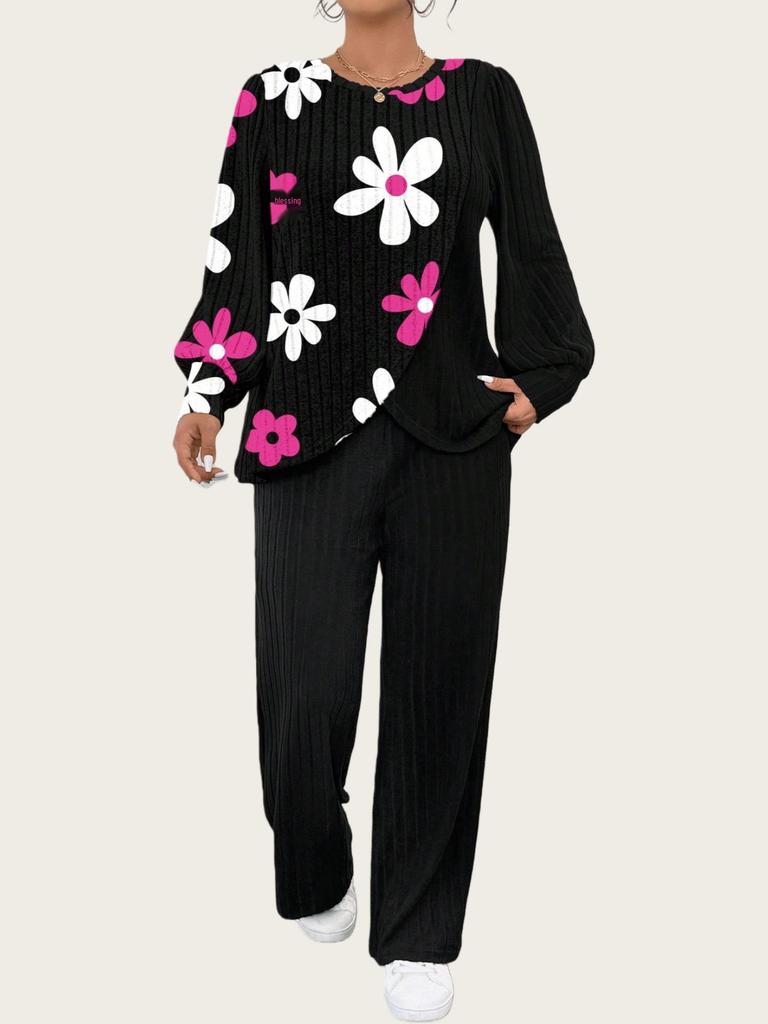 Dámská pletená souprava s barevným potiskem a rovnými kalhotami, nadměrná velikost