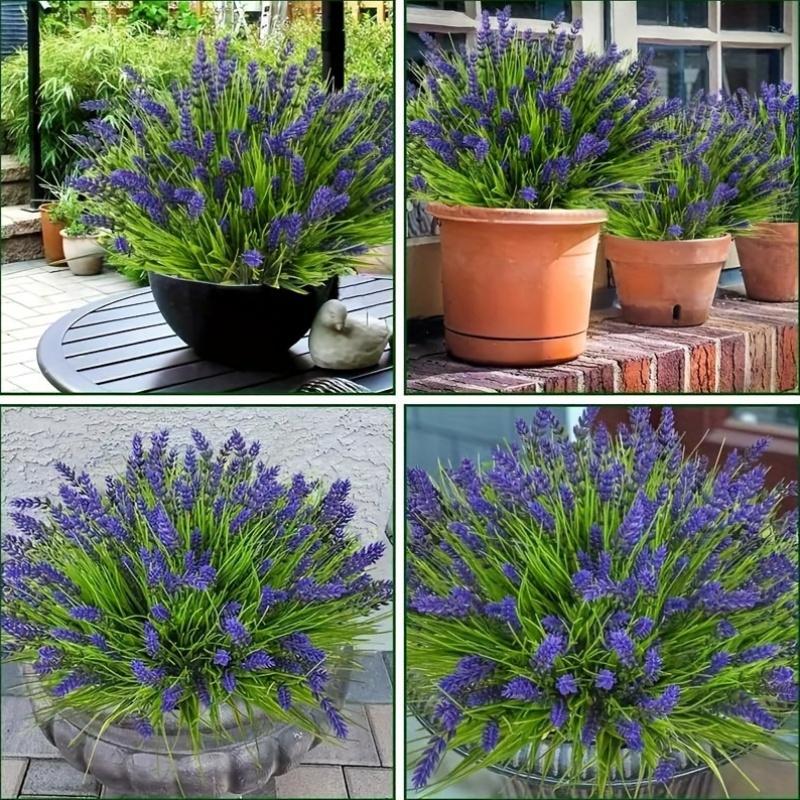 12 Bundles of UV Resistant Artificial Lavender Plants with Monkey Grass - Art Deco Style Fake Flowers for Outdoor Home Garden Decor