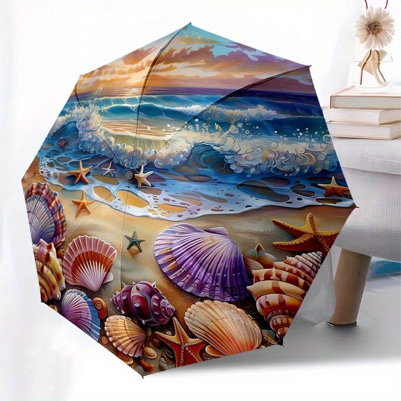 1pc Seashells and Starfish Beach SceneUmbrella with Plastic Handle,Suitable for All Seasons Home Travel Outdoor UmbrellaB1726