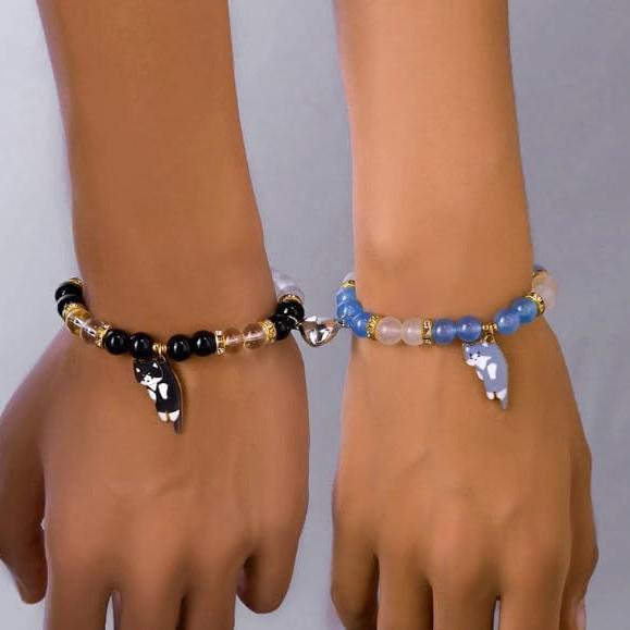 European & American Glass Bead Cat Couple Magnetic Elastic Bracelet