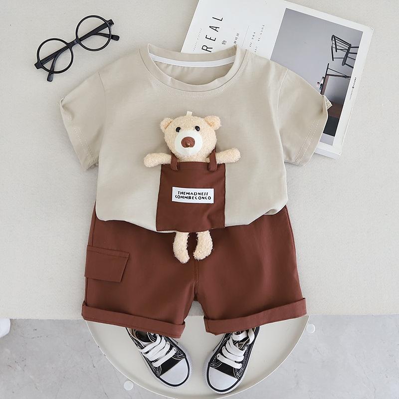 

Детская одежда комплект для мальчиков летний объемный плюшевый мишка милый детский комплект с коротким рукавом одежда для мальчиков летняя футболка 110cm коричневый
