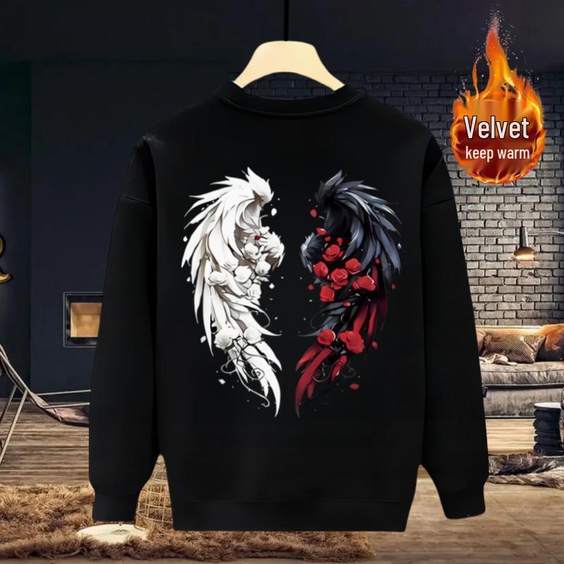 Guochao Men's Street Style Hoodie - 2024 Spring/Autumn Loose Round Neck Plus Velvet Casual Wear