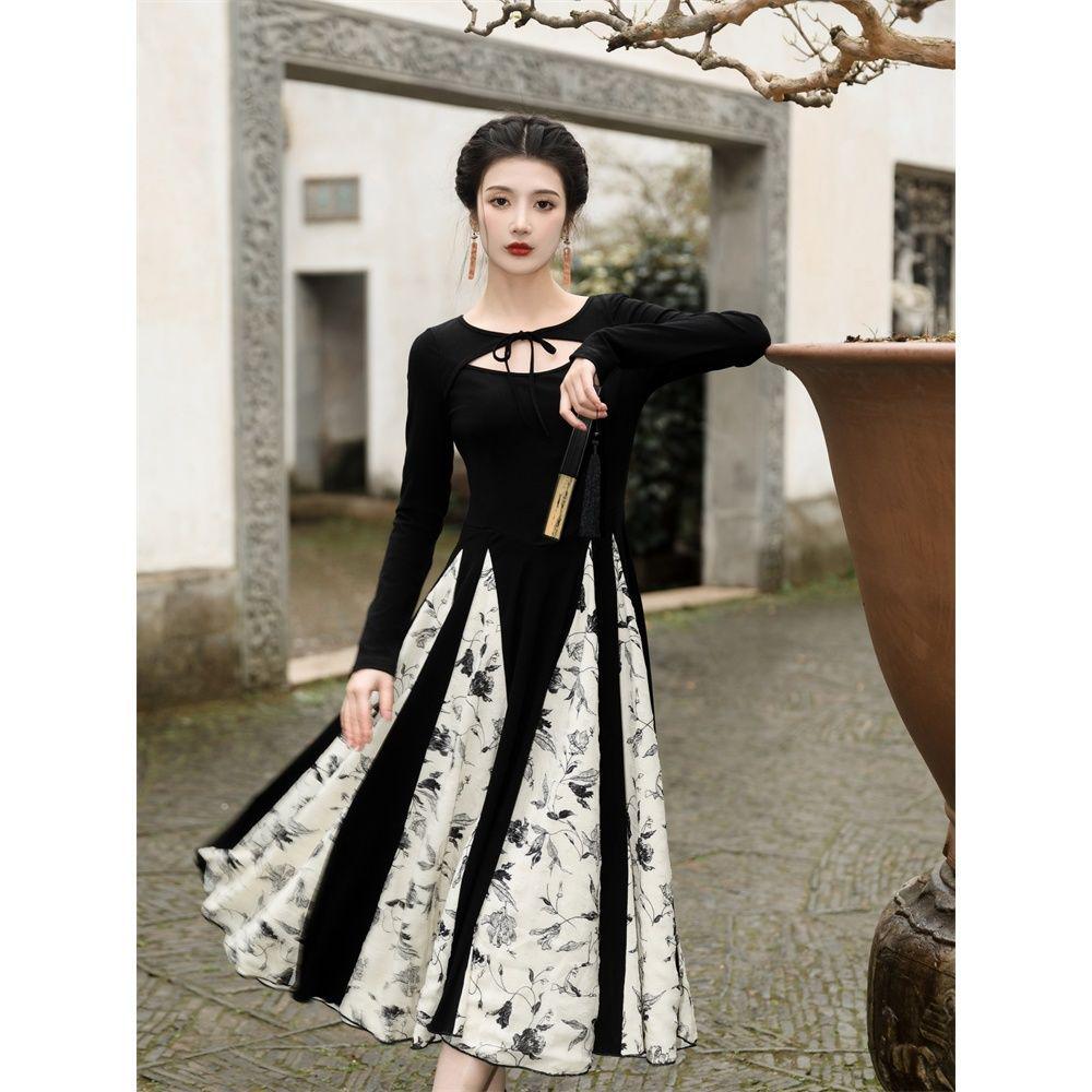 Elegant Retro Floral Print Long-Sleeve Dress - Women s Early Spring 2026 Collection 2XL
