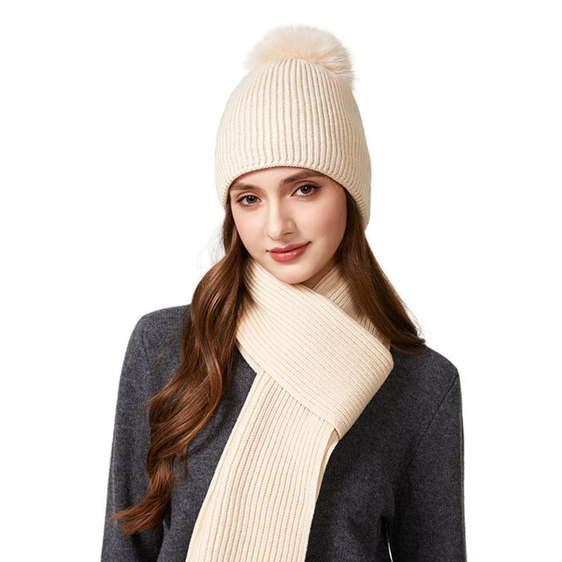 Autumn Winter Wool Cap Scarf Two-Piece Set with Ball Cap Women Knitted Cap