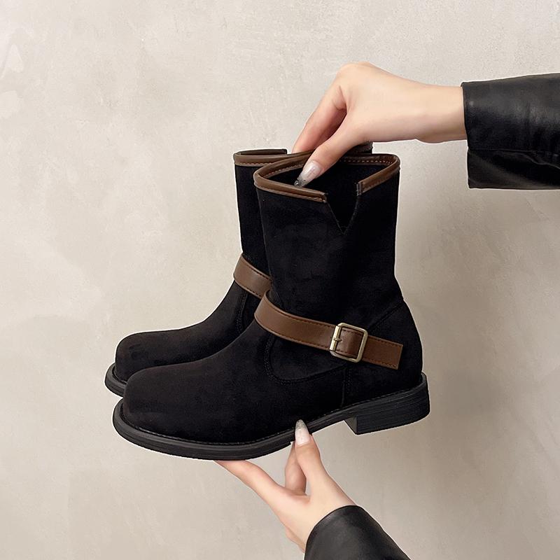 Autumn Winter Women Western Ankle Boots Fashion Pointed Toe Low Heel Shoes Belt Buckle Ladies Elegant Short Booties