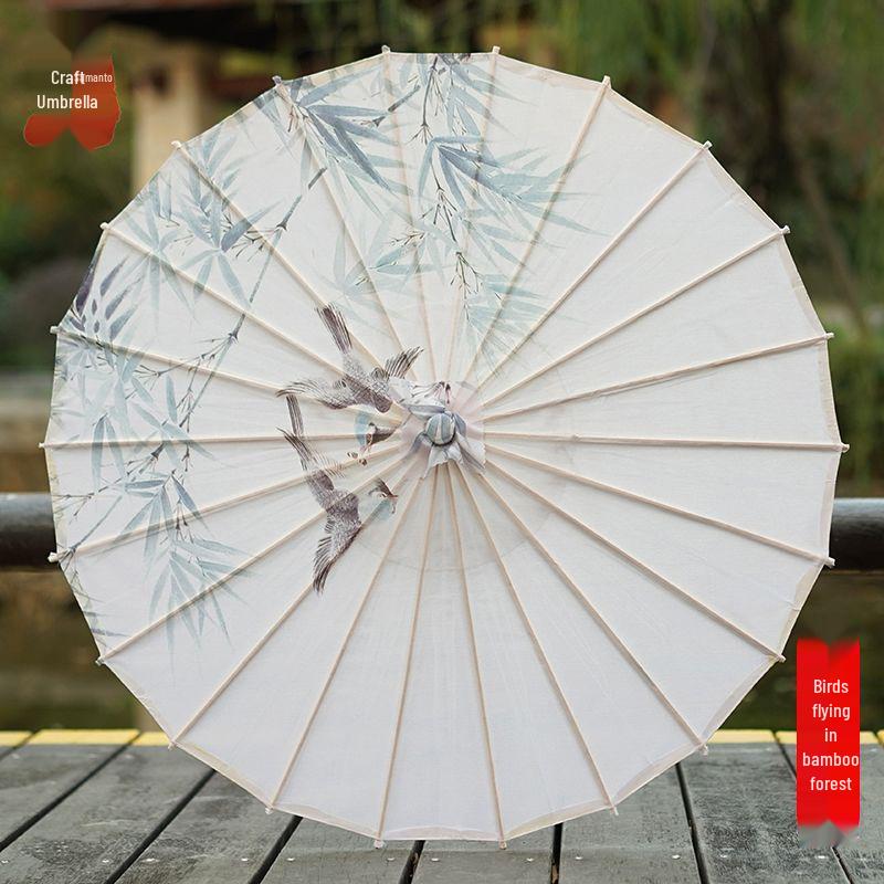 Ancient Ink Wash Chinese Oil-Paper Umbrella for Classical Dance and Hanfu Photography 82cm Silk Umbrella with Knot