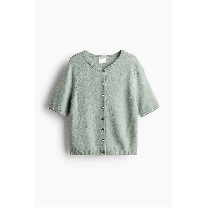 

HM Women s Woolen Sweater Fall Slim Fit round Neck Rib Knitting Short Sleeve Cardigan 1247671 Light gray green 155/76