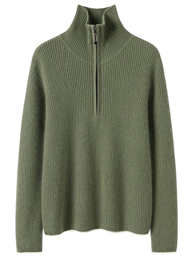 Women's Autumn/Winter 2026 Half-Zip Cashmere Sweater - Lapel Vertical Stripe, Gentle Style Loose Slimming Knitwear