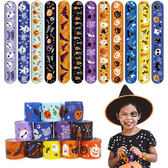 CCINEE 48pcs Halloween Slap Bracelets,Kids Snap Bracelet Wristbands with Assorted Bulk Pumpkin Zombie Skull Ghost Witches for Trick or Treat Gift Bag