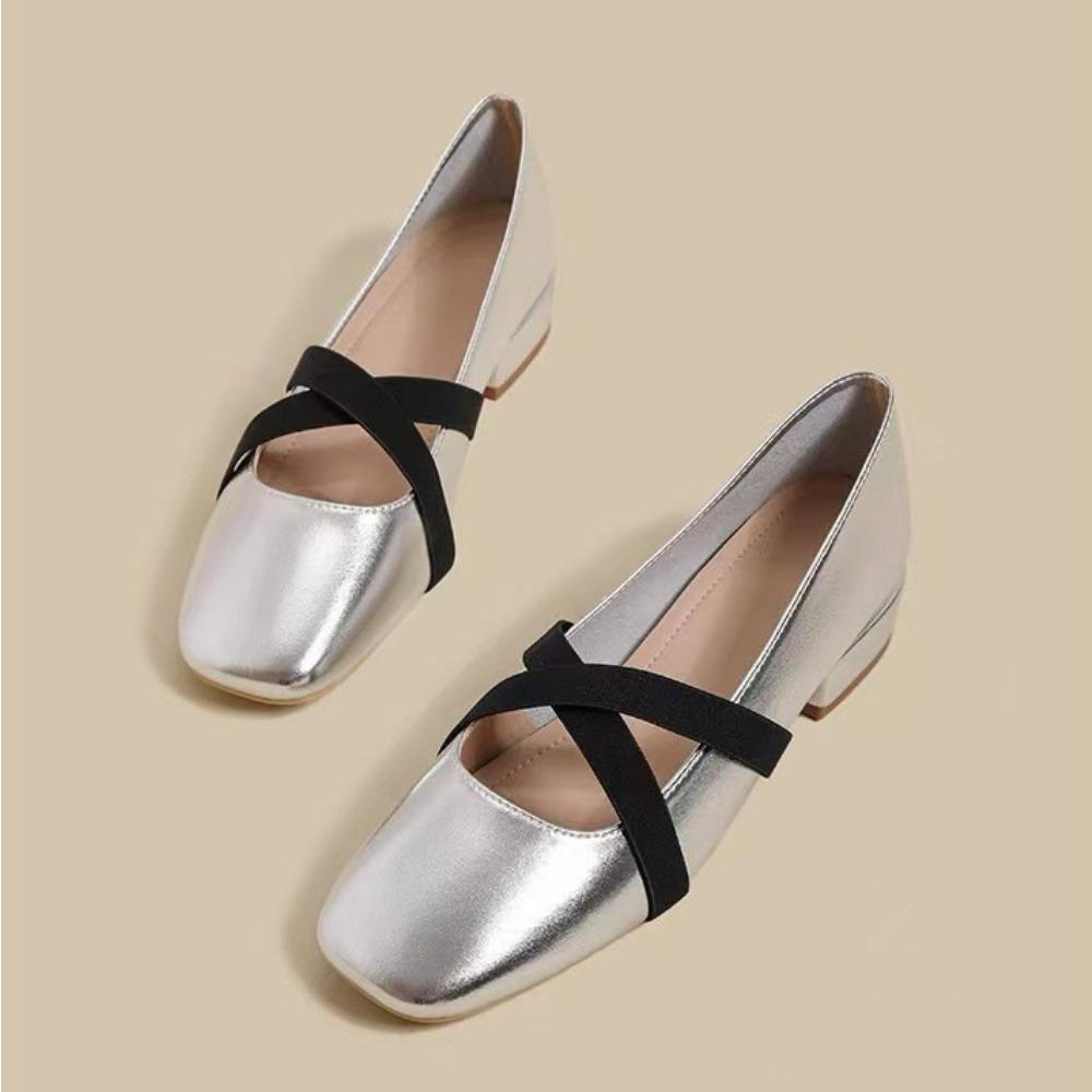 Fashion Silver Single Shoes Women's 2025 Spring New French Square Head Low Heel Retro Ballet Light Mouth Mary Jane Shoes for Women Pumps