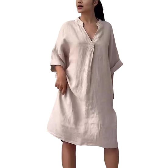 Robe d'été pour femmes, col en V, neuvième manche, coupe trapèze, ample, couleur unie, avec poches latérales, longueur genou