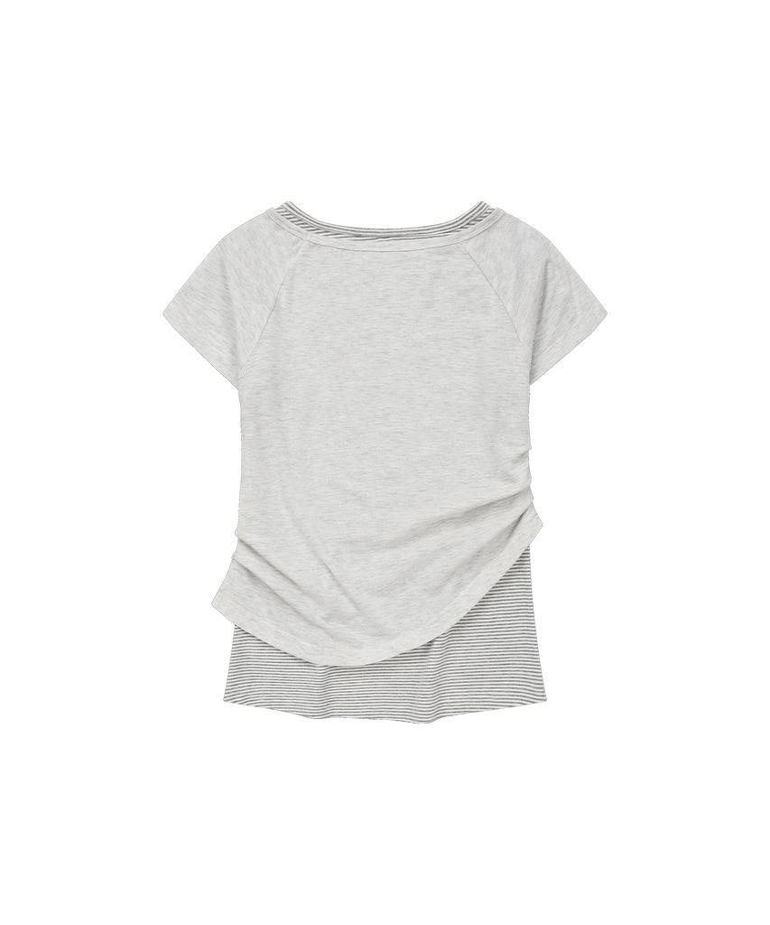 LMR Motif Embroidered Striped Layered T-Shirt (Short Sleeve/Long Sleeve) Light Grey