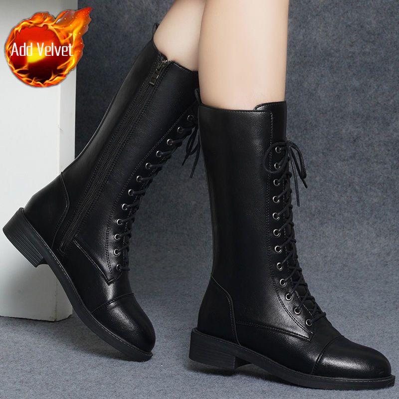 

Fashion Autumn Winter Black Leather with Laces Fleece-Lined Mid Calf Shoes Woman Comfortable and Elegant Sale Half High Boots for Women 35