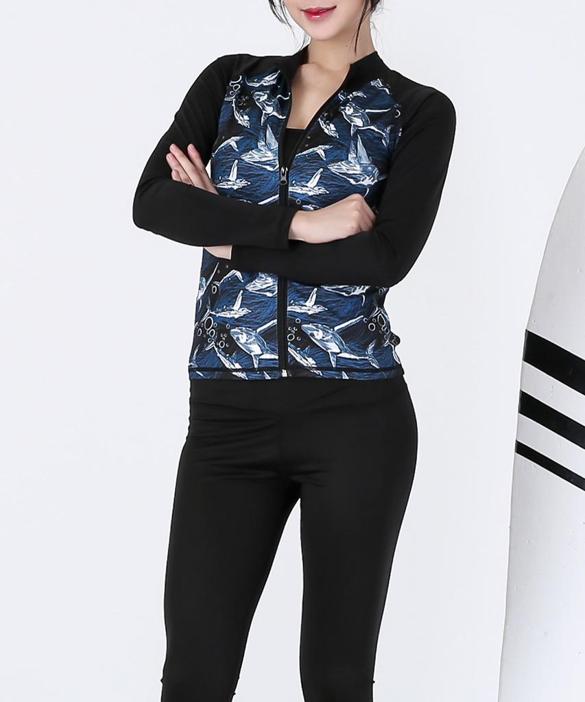 Dangun Cool Air Shark Print Zip-Up Long Sleeve Rash Guard