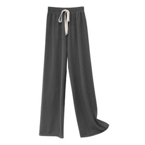 Summer Casual Pants Elastic High Waist Adjustable Drawstring Long Trousers Solid Color Pleated Straight Wide Leg Pants