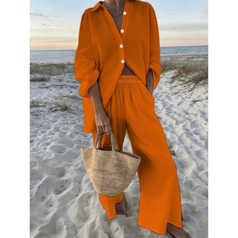 Warm orange solid color shirt wide-leg pants two-piece women's simple style long-sleeved trousers suit