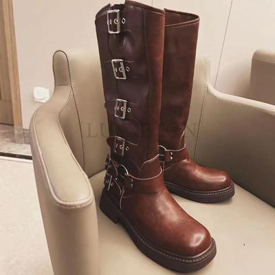 Vintage Brown and Black Ladies Knight Boots Block Heel Boots Metal Strap Buckle Platform Large Size Retro Fashion Women's Boots
