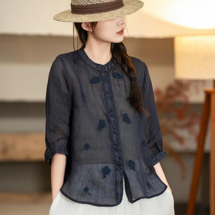 Retro Cotton and Linen Embroidered Shirt Women's Summer Western Style Thin Linen Small Shirt Three-quarter Sleeve Top