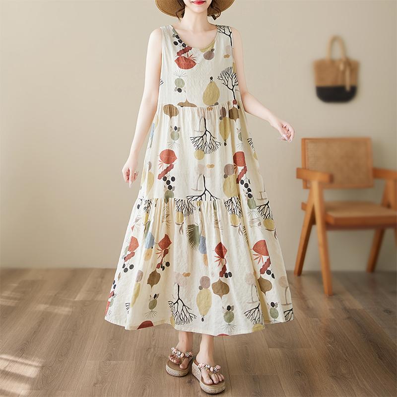 Plus Size Dress Summer Women Vintage Linen Elegant Style Sleeveless Floral Loose New Long Dress