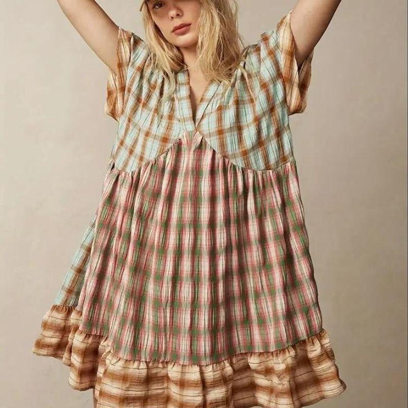 

Fashion New Arrival Fashion Patchwork Short Sleeve Gingham Vintage Skirt Contrast Color Fancy Easiest for Match V-neck Casual Jumpsuit Picture Color L