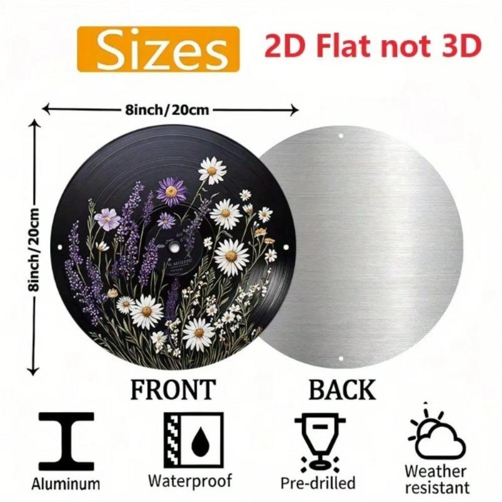 Vintage Floral Record Metal Wall Art 8x8 Inch Round Aluminum Sign Black