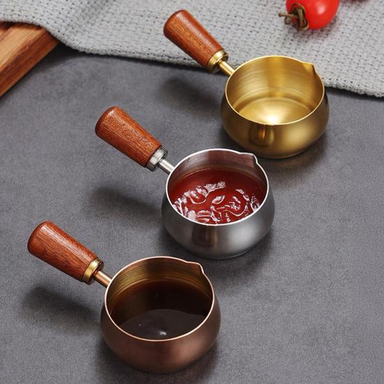 50/100/150ML Edelstahl Saucenschale mit Holzgriff V-förmige Öffnung Espressotasse Gewürze Salatdressings Dippschale