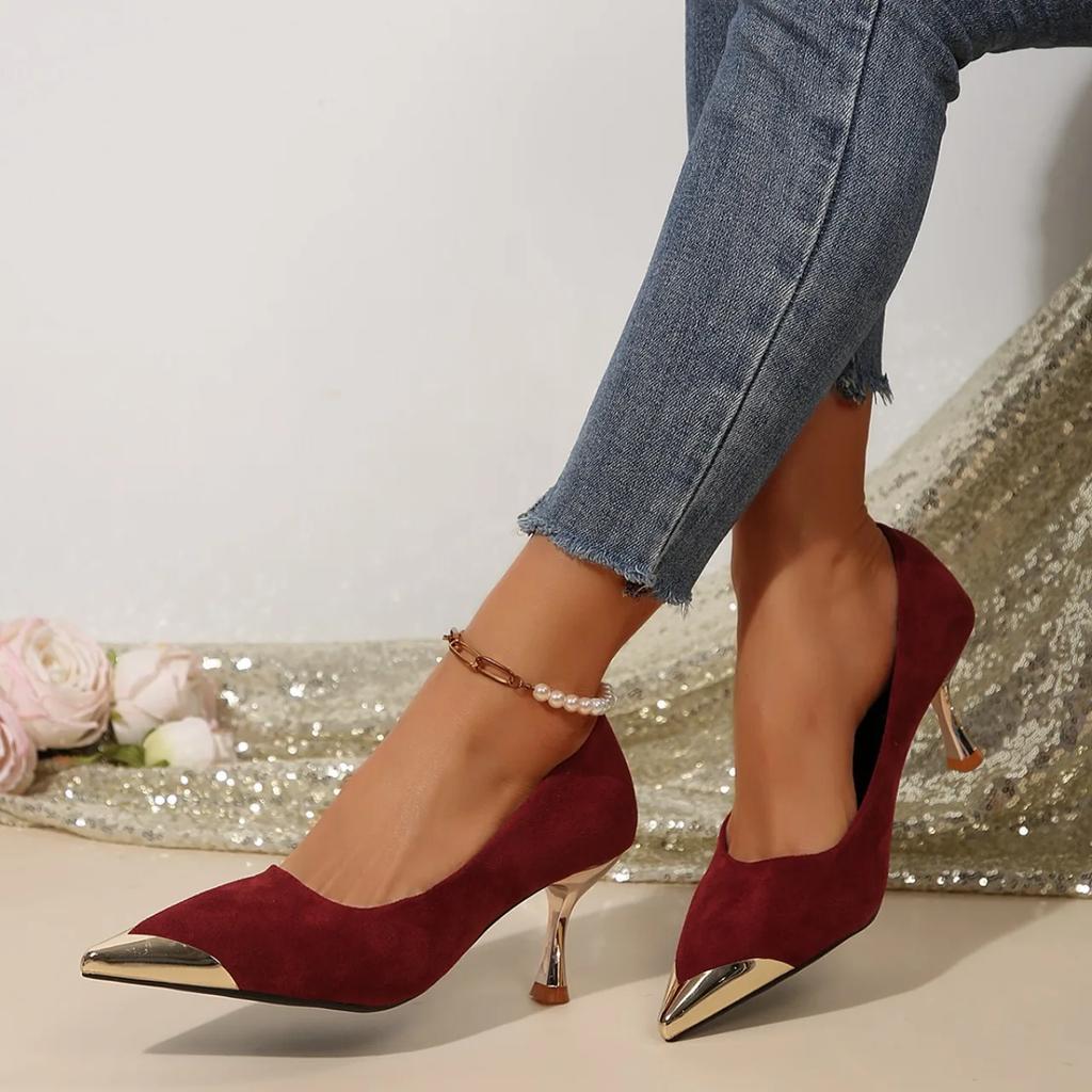 Fashion Women 7cm High Heels Burgundy Pumps Lady Metal Cap Toe Velvet Low Heels Fetish Nightclub Evening Party Office Casual Shoes