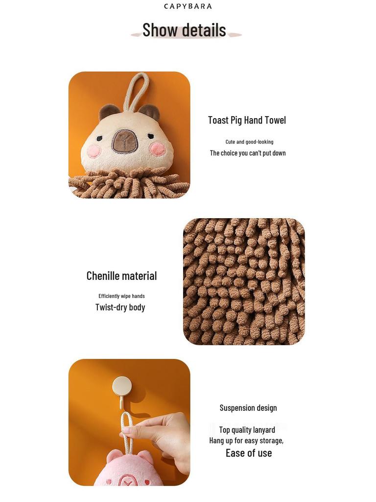 Capybara Cartoon Children's Chenille Hand Towel - Thick, Absorbent Bathroom/Kitchen Dishcloth