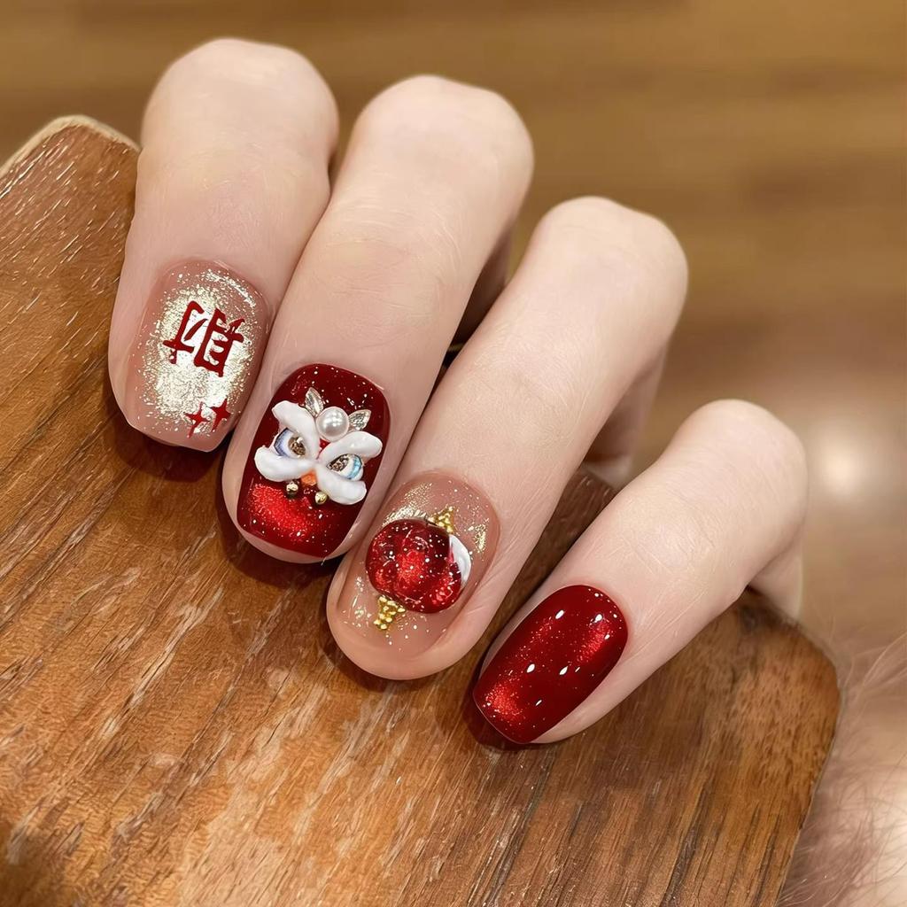 3D Embossed Lion Design New Year Wearable Red Nails - Festive Detachable Short Manicure