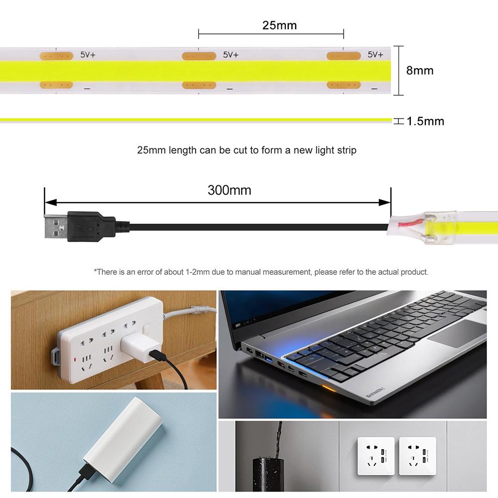 New 5V USB COB Strip Light 320Leds/m Warm Natural White Cabinet Lamp Night Lighting Flexible LED Ribbon Stripe DC5V TV Backlight