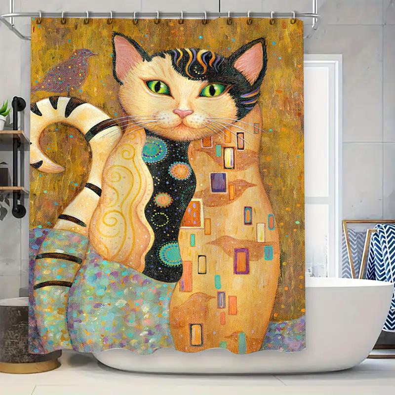 Stylish Cat Print Shower Curtain For Bathroom Decor Modern Artistic Design With Bird Motif 180X180Cm Size Available In Multiple