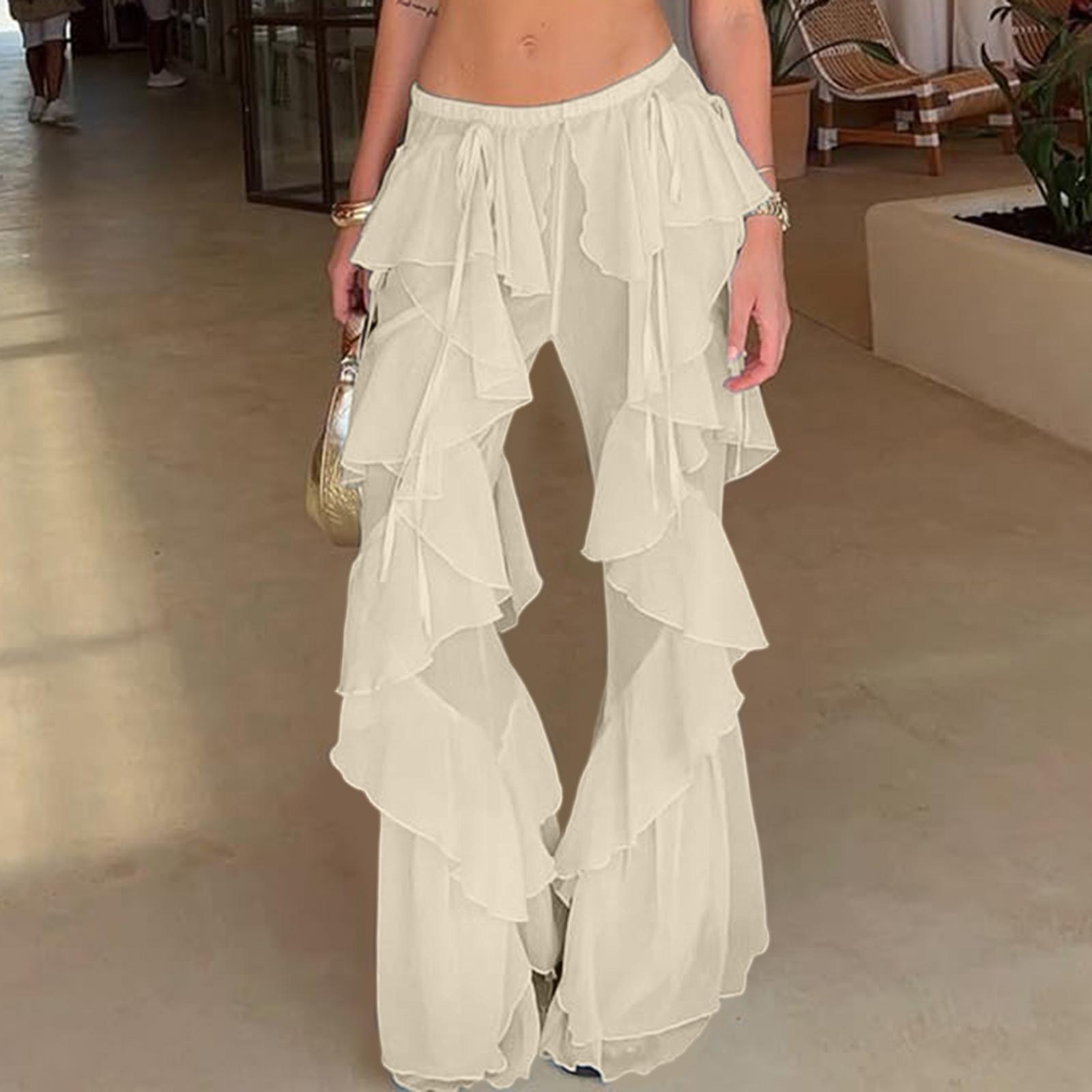 Ladies  Color Ruffle Edge Splicing Strap Loose Pants L бежевый