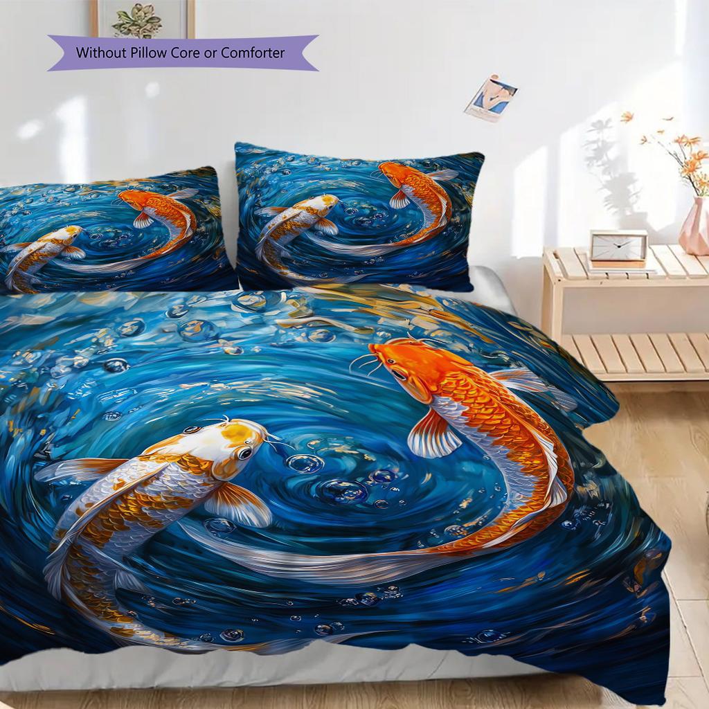 Koi Fish Pattern Bedding Quilt Set Quilt Cover Pillowcase Home Decoration Birthday Gift (1 * Duvet Cover + 2 * Pillowcase, Without Core)