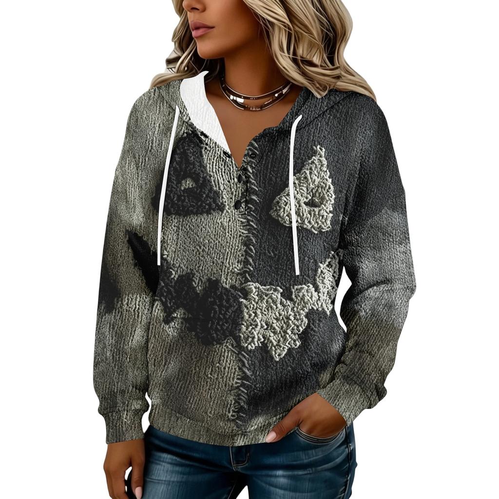 Women's Fashion Hooded Halloween Print Sweatshirt with Buttons for Festive