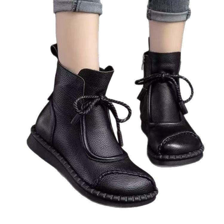 Retro Ethnic Style Short Boots, New Soft-soled Autumn and Winter Flat-bottomed Comfortable Round-head Martin Boots.
