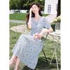 French Elegant Ruffle Tie-Waist V-Neck Printed Midi Dress