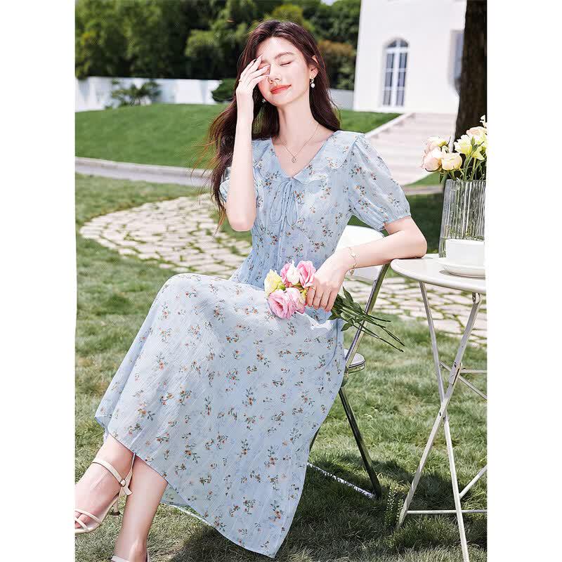 French Elegant Ruffle Tie-Waist V-Neck Printed Midi Dress M