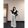 Kumikumi Casual Suit Fake Two-Piece Stitching Long Sleeve T-shirt Women Fall Stripes Drawstring Loose Pants Two-piece Set
